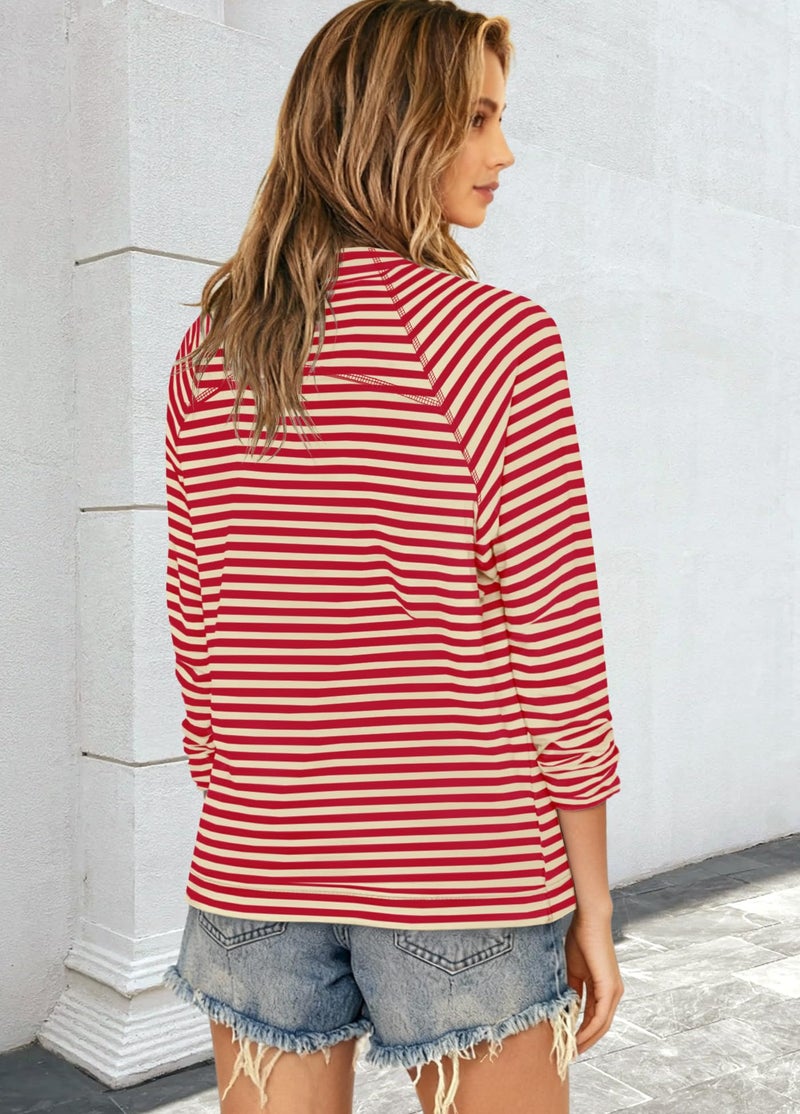 Yanekop Womens Striped Mock Neck Shirts Oversized Long Sleeve Tops Casual Pullover Tops Fall Fashion Basic Tees(Beige Red Combo,L) - Image 5