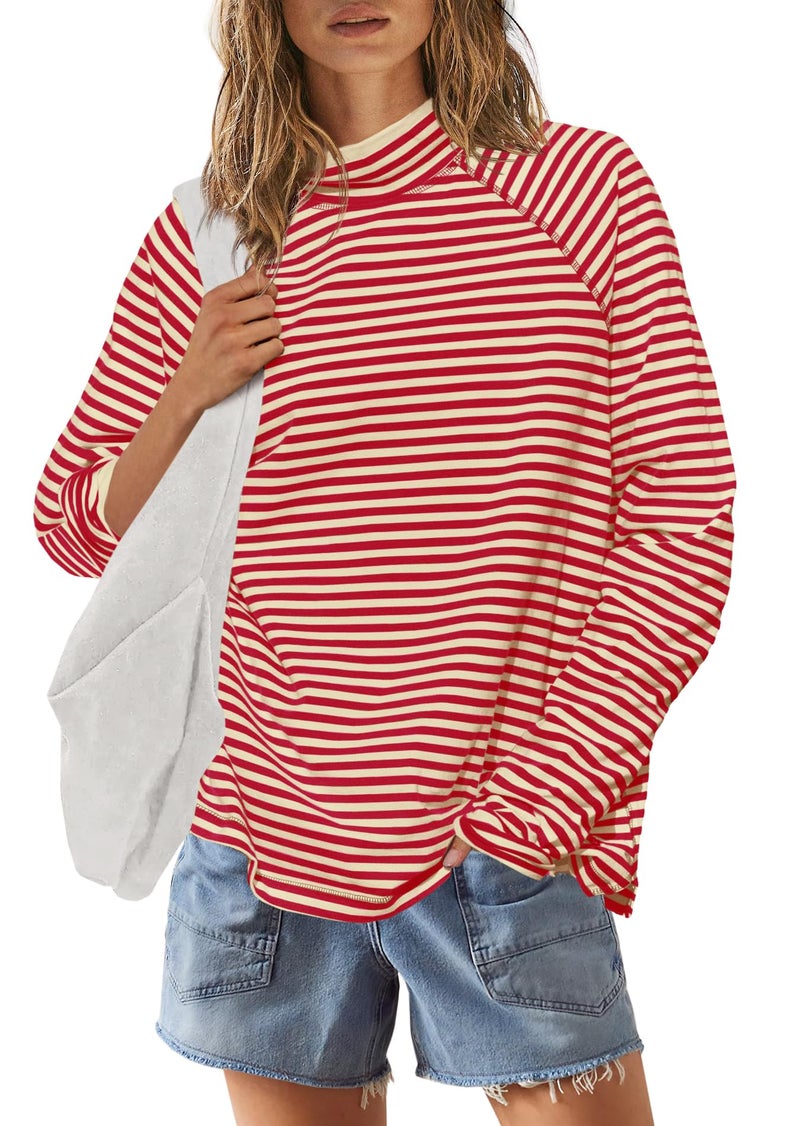 Yanekop Womens Striped Mock Neck Shirts Oversized Long Sleeve Tops Casual Pullover Tops Fall Fashion Basic Tees(Beige Red Combo,L) - Image 2