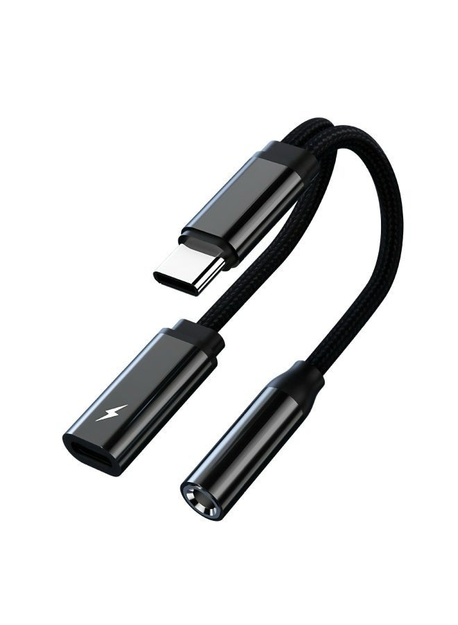 فليفيو محول شاحن وسماعة رأس من USB C إلى 3.5 مم، محول صوت Aux 2 في 1 مع شحن سريع PD 60 وات لهاتف iPhone 15/15Plus/15Pro/15Pro Max، لهاتف Samsung S23/S22، لجهاز iPad (أسود) - Image 1