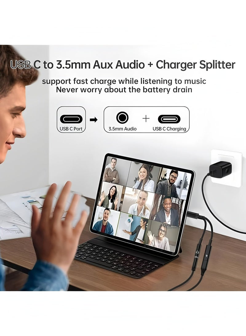 فليفيو محول شاحن وسماعة رأس من USB C إلى 3.5 مم، محول صوت Aux 2 في 1 مع شحن سريع PD 60 وات لهاتف iPhone 15/15Plus/15Pro/15Pro Max، لهاتف Samsung S23/S22، لجهاز iPad (أسود) - Image 3