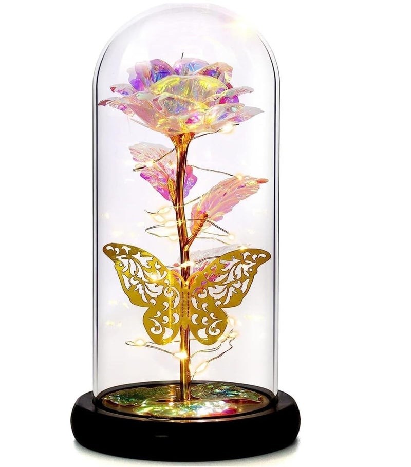 S SMITEX Smitex Valentines Day Womens Gift Gold Butterfly Birthday Gifts Colorful Preserved Rose Gift Flower Last Forever Rose in Glass Dome Unique MomGrandma - Image 1