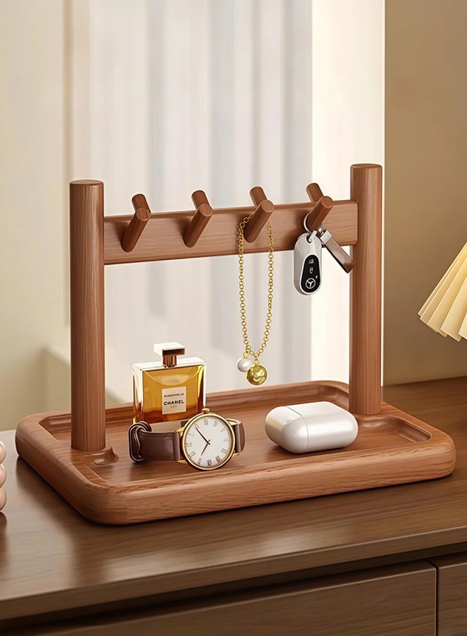 Sunnaltree Key Tray, Wood Key Holder Organizer Rack, Oval Entryway Tray with Hooks for Keys Watches Jewelry, Jewelry Organizer Necklace Stand Holder, Decorative Vanity Tray Organizer - Image 1