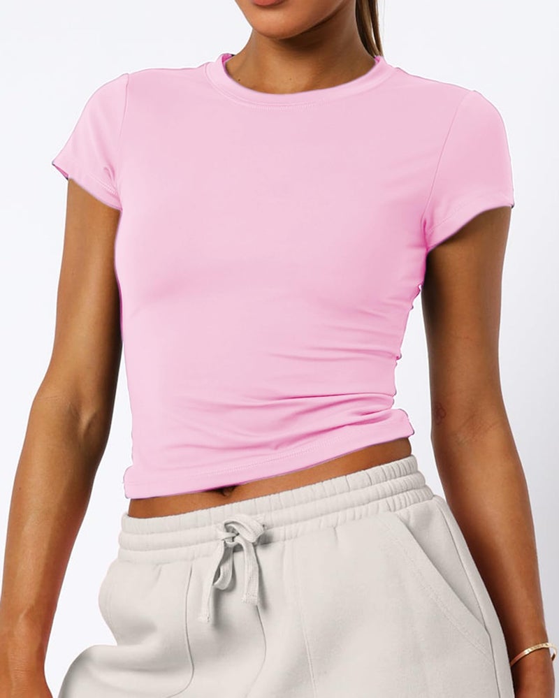 Mousnipy Women's Basic Summer Short Sleeve Crewneck T-Shirts Y2K Cute Going Out Tops Baby Tee(Pink,Small) - Image 3