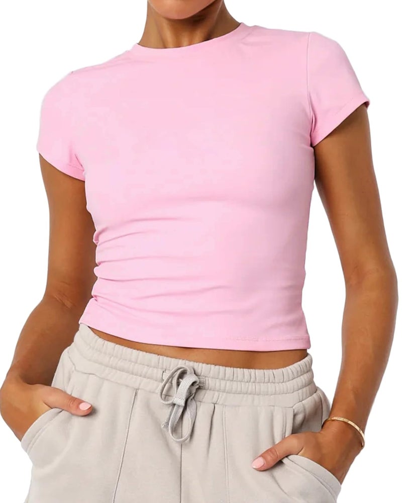 Mousnipy Women's Basic Summer Short Sleeve Crewneck T-Shirts Y2K Cute Going Out Tops Baby Tee(Pink,Small) - Image 1