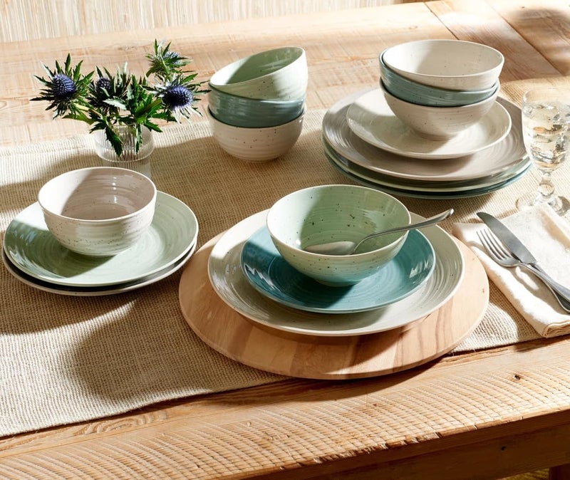 Sango Siterra Artist's Blend 16-Piece Stoneware Dinnerware Set for 4, Green, Cream & White Glossy Dishes with Speckles, Ceramic Plates and Bowls Sets for Everyday Dining, Microwave & Dishwasher Safe - Image 4