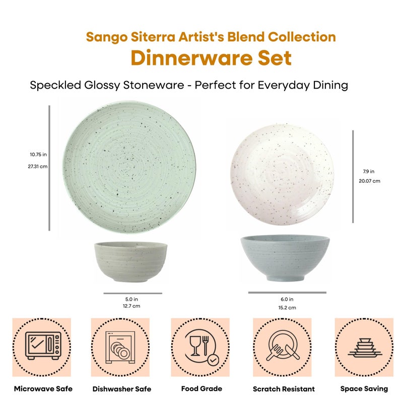 Sango Siterra Artist's Blend 16-Piece Stoneware Dinnerware Set for 4, Green, Cream & White Glossy Dishes with Speckles, Ceramic Plates and Bowls Sets for Everyday Dining, Microwave & Dishwasher Safe - Image 2
