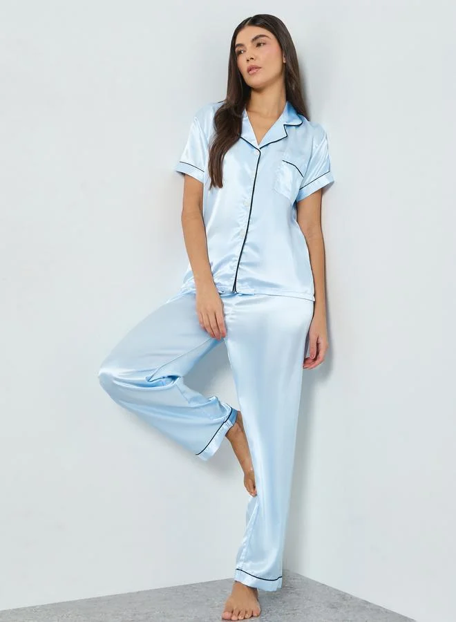 Take Two Pack of 3 - Contrast Piping Detail Shirt, Pyjama and Shorts Set