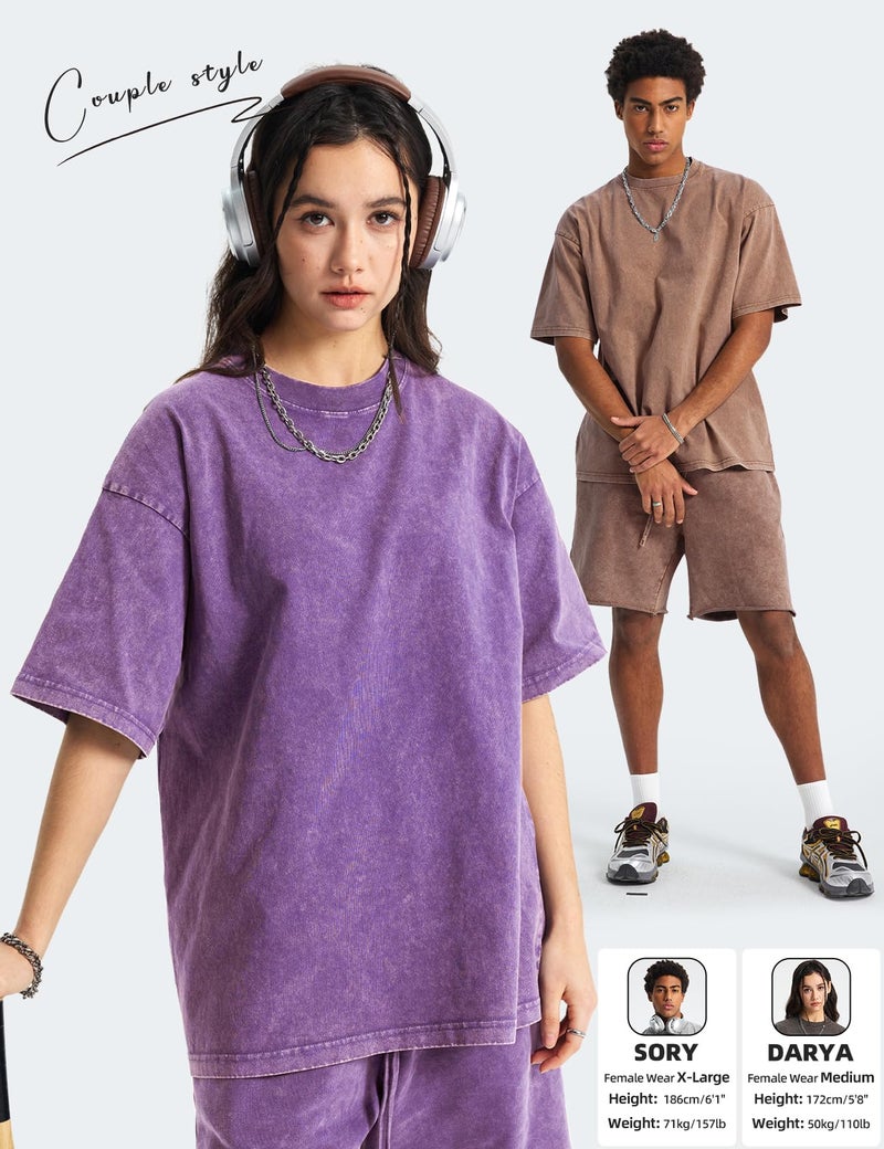 Arssm Mens Oversized T Shirts Cotton Acid Wash Baggy Tees Loose Fit Vintage Heavyweight T-Shirts(BlackKhakiBeigeArmyPurple-XL) - Image 5