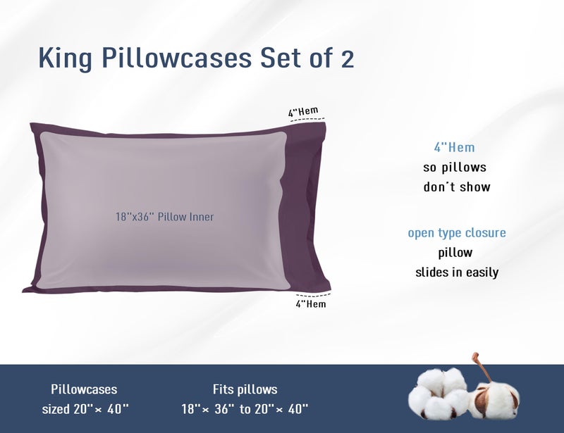 HOMTEC Cotton Pillow Cases  20x40 inches  King Size  2 Piece  Dark Purple  100% Breathable Hypoallergenic  200 Thread Count Percale Weave  Pre-Shrunk - Image 3