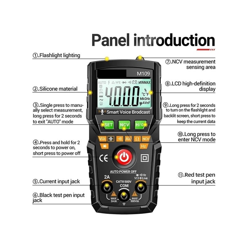 M109 Digital Multimeter 4000 Counts True RMS AC DC Voltage Tester With Voice Broadcast Red Without Box - Image 5