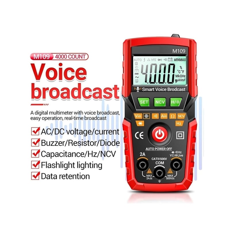 M109 Digital Multimeter 4000 Counts True RMS AC DC Voltage Tester With Voice Broadcast Red Without Box - Image 3