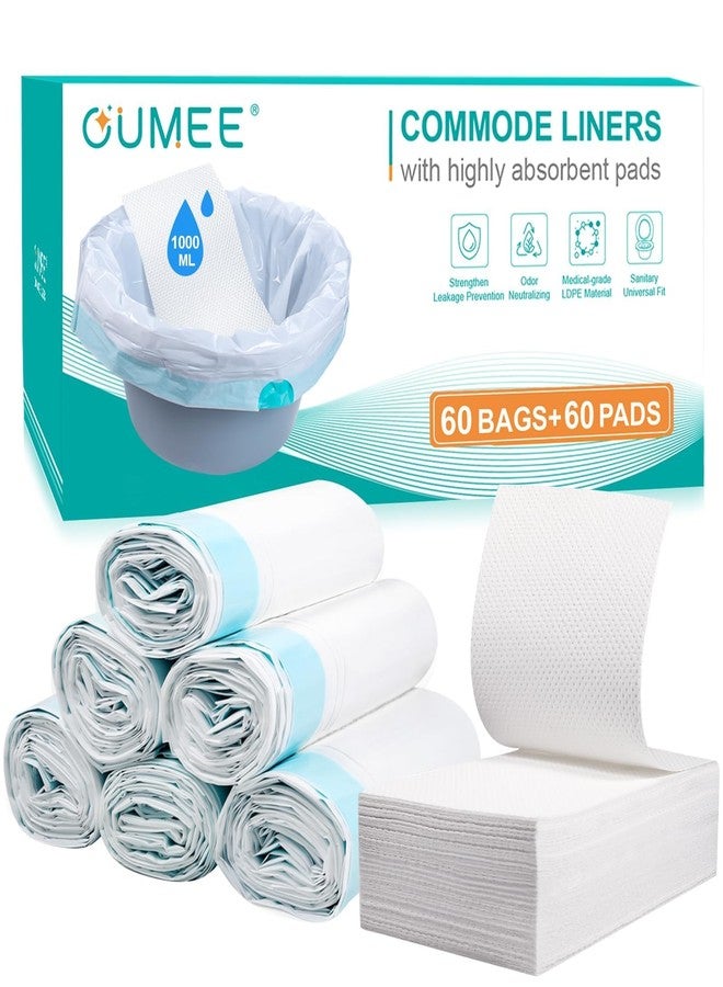 OUMEE 60 Commode Liners with Absorbent Pads, 60 Bedside Commode Liners and 60 Pads for Commode Bucket, Disposable Commode Bags for Adults, Portable Leak-Proof Potty Chair Liners (21 * 16in-60+60) - Image 1