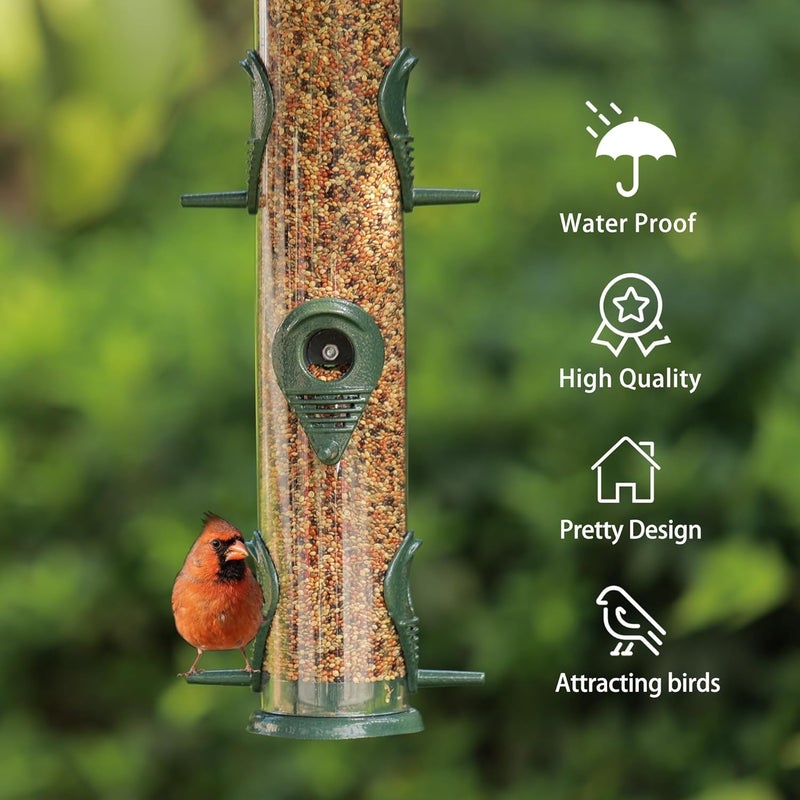 MIXXIDEA Hummingbird Feeder, Squirrel Proof Bird Feeders for Outside Hanging Metal Wild Bird Feeder 6 Port Tube Bird Feeder Transparent Finch Feeder with Steel Hanger - Green Bird Seed Feeder - Image 4