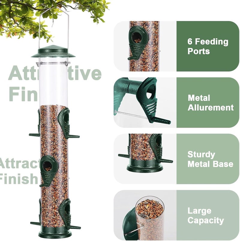 MIXXIDEA Hummingbird Feeder, Squirrel Proof Bird Feeders for Outside Hanging Metal Wild Bird Feeder 6 Port Tube Bird Feeder Transparent Finch Feeder with Steel Hanger - Green Bird Seed Feeder - Image 2