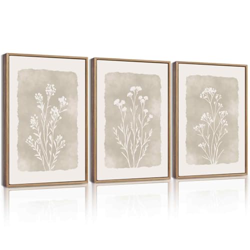 KUVIOKE Boho Botanical Flower Framed Wall Art Farmhouse Vintage Floral Wall Painting Rustic Wildflower Neutral Prints Artwork Home Decor 11x14in Natural Framed - Image 1