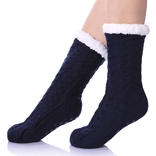 SDBING Women's Winter Super Soft Warm Cozy Fleece Lined Fuzzy Slipper Socks with Grippers (Dark Blue, 6-10) - Image 1