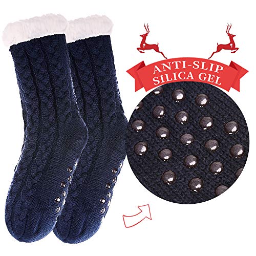 SDBING Women's Winter Super Soft Warm Cozy Fleece Lined Fuzzy Slipper Socks with Grippers (Dark Blue, 6-10) - Image 2