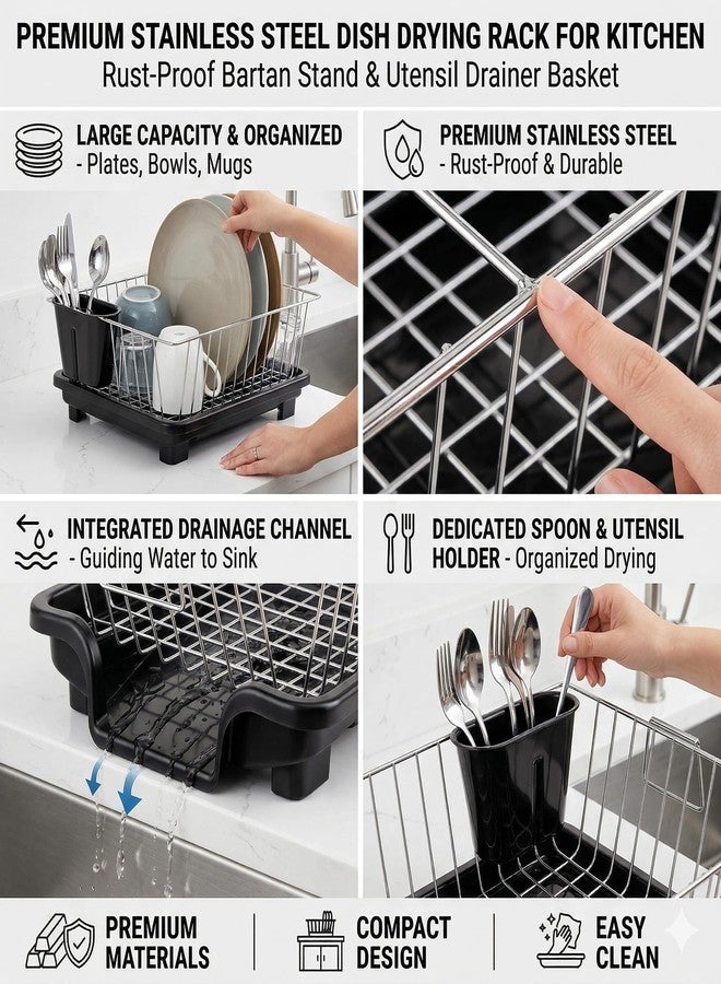 Tinbell Stainless Steel Dish Drying Rack with Drainer Tray & Cutlery Holder | Kitchen Dish Rack | Utensil Stand | Rust Resistant Bartan Basket Organizer with Handle & Drain System - Image 3