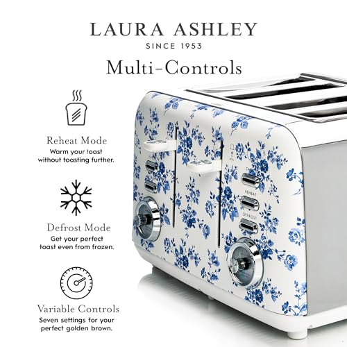 LAURA ASHLEY محمصة VQ لورا آشلي بتصميم زهرة الصين من الفولاذ المقاوم للصدأ 4 شريحة | محمصة متعددة الوظائف للخبز والبيغل 4 شريحة مع تسخين قابل للتعديل ووضع إذابة الثلج | تحتوي على 4 فتحات واسعة ورف لتسخين الكرواسون - Image 5