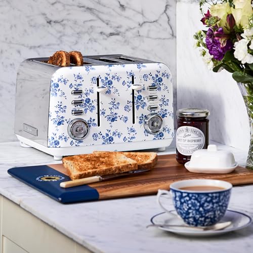 LAURA ASHLEY محمصة VQ لورا آشلي بتصميم زهرة الصين من الفولاذ المقاوم للصدأ 4 شريحة | محمصة متعددة الوظائف للخبز والبيغل 4 شريحة مع تسخين قابل للتعديل ووضع إذابة الثلج | تحتوي على 4 فتحات واسعة ورف لتسخين الكرواسون - Image 3