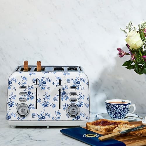 LAURA ASHLEY محمصة VQ لورا آشلي بتصميم زهرة الصين من الفولاذ المقاوم للصدأ 4 شريحة | محمصة متعددة الوظائف للخبز والبيغل 4 شريحة مع تسخين قابل للتعديل ووضع إذابة الثلج | تحتوي على 4 فتحات واسعة ورف لتسخين الكرواسون - Image 2