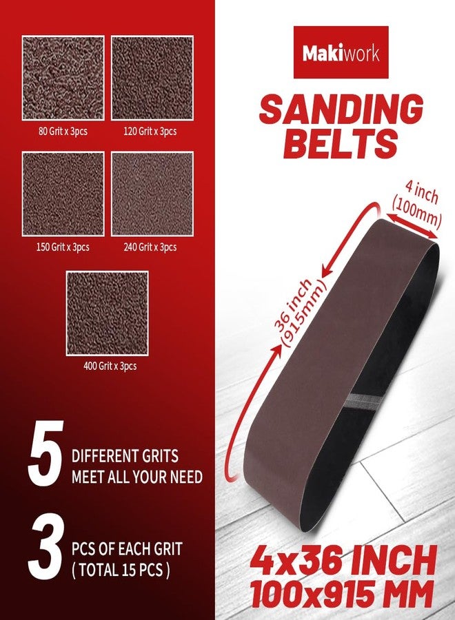 makiwork 100 x 915 mm Sanding Belts Set - 15-Pack with 80/120/150/240/400 Grits, Aluminum Oxide Abrasive Belts for Woodworking - Image 2