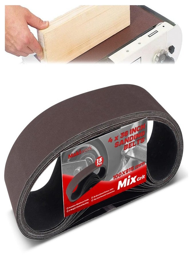 makiwork 100 x 915 mm Sanding Belts Set - 15-Pack with 80/120/150/240/400 Grits, Aluminum Oxide Abrasive Belts for Woodworking - Image 1