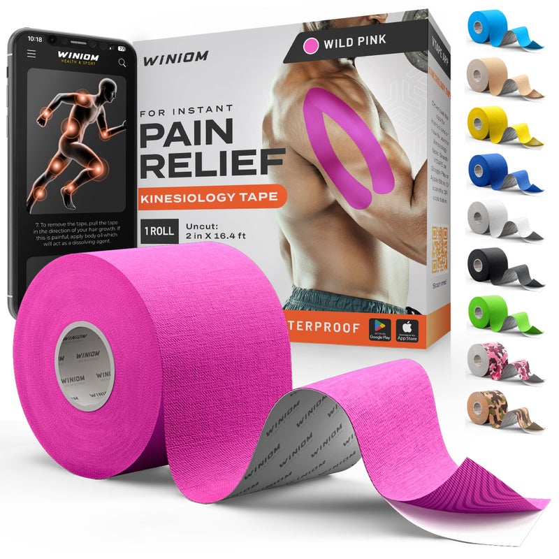 WINIOM Kinesiology Tape-Incredible Support for Athletic Sports and Recovery+Free Taping Guide-Uncut 2 inch 16.4 feet Roll (Wild Pink + Free Taping Guide, Pack of 1) - Image 1