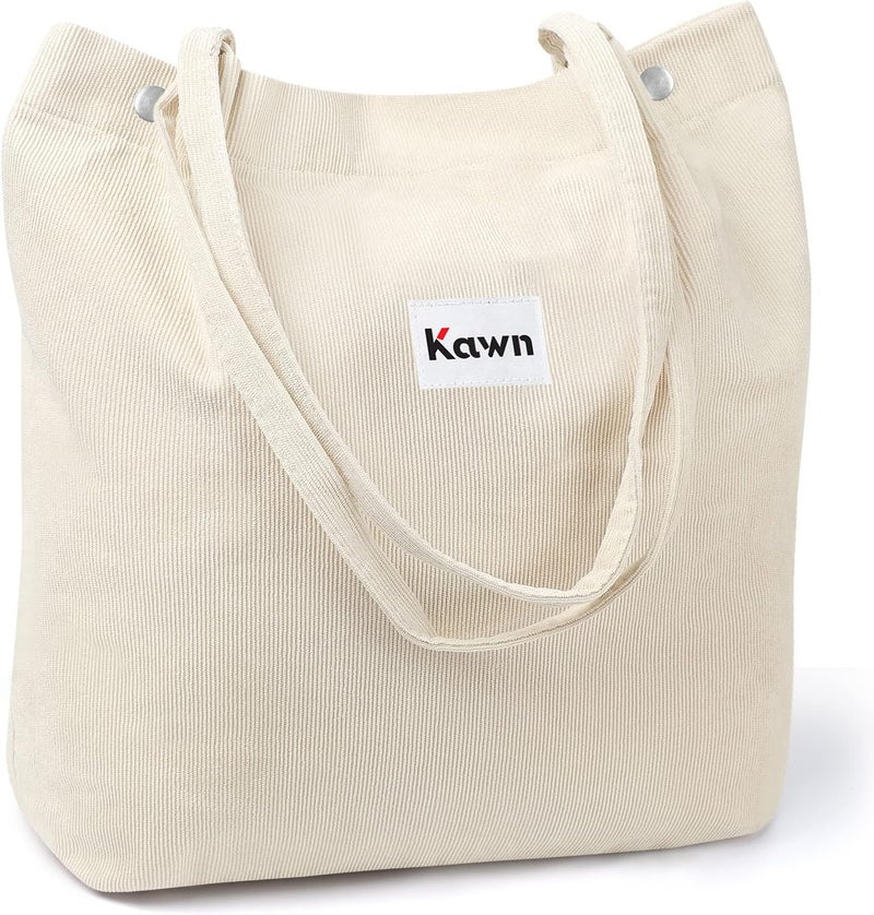 Kawn Women Corduroy Western Tote Bag Canvas Shoulder Cord Purse Reusable Shopping Bag Grocery Bag Large Capacity Washable Handbag Girls Shoulder Bag With Inner Pocket For Daily Use Work Travel (Beige) - Image 1