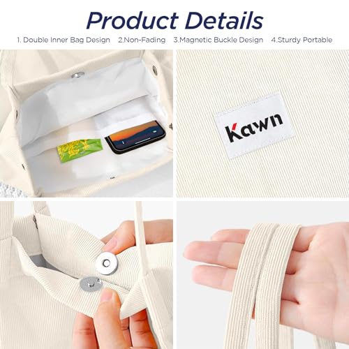 Kawn Women Corduroy Western Tote Bag Canvas Shoulder Cord Purse Reusable Shopping Bag Grocery Bag Large Capacity Washable Handbag Girls Shoulder Bag With Inner Pocket For Daily Use Work Travel (Beige) - Image 3