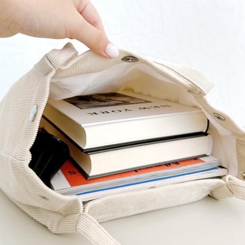 Kawn Women Corduroy Western Tote Bag Canvas Shoulder Cord Purse Reusable Shopping Bag Grocery Bag Large Capacity Washable Handbag Girls Shoulder Bag With Inner Pocket For Daily Use Work Travel (Beige) - Image 2