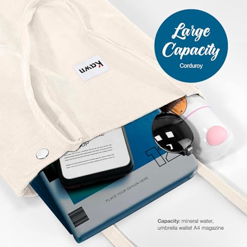 Kawn Women Corduroy Western Tote Bag Canvas Shoulder Cord Purse Reusable Shopping Bag Grocery Bag Large Capacity Washable Handbag Girls Shoulder Bag With Inner Pocket For Daily Use Work Travel (Beige) - Image 5