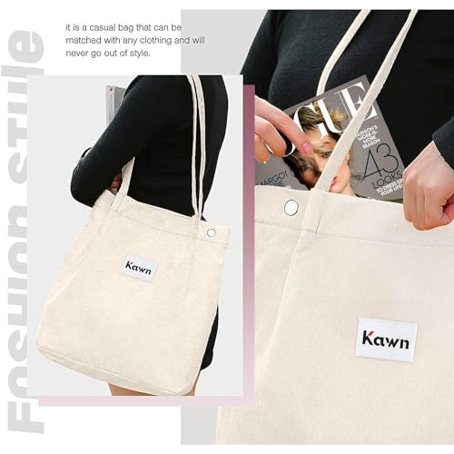 Kawn Women Corduroy Western Tote Bag Canvas Shoulder Cord Purse Reusable Shopping Bag Grocery Bag Large Capacity Washable Handbag Girls Shoulder Bag With Inner Pocket For Daily Use Work Travel (Beige) - Image 4