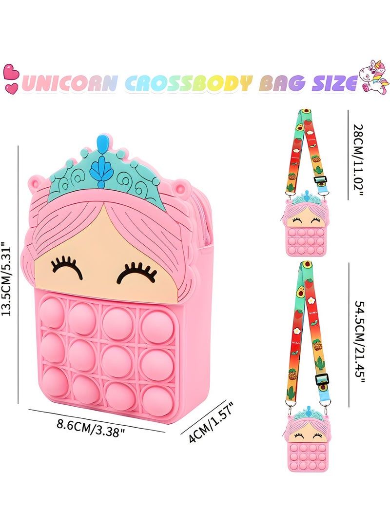 MAGIC VAULT Princess Unicorn Pop It Bag, Silicone Popit Coin Purse Fidget Bag for Girls with Adjustable Shoulder Strap Pop It Purse, Fidget Popper Poppet Bag for School Supplies, Gifts - Image 2