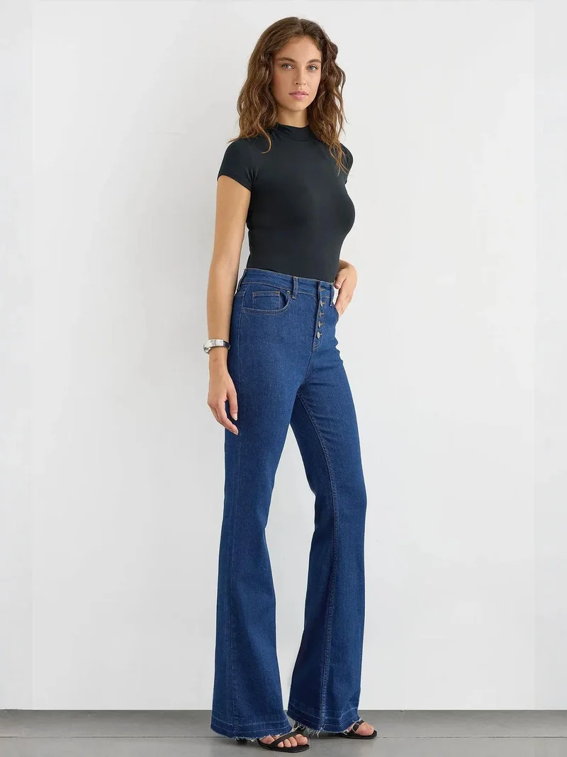 HICCUP High-Waist Flare Jeans with Button Detail