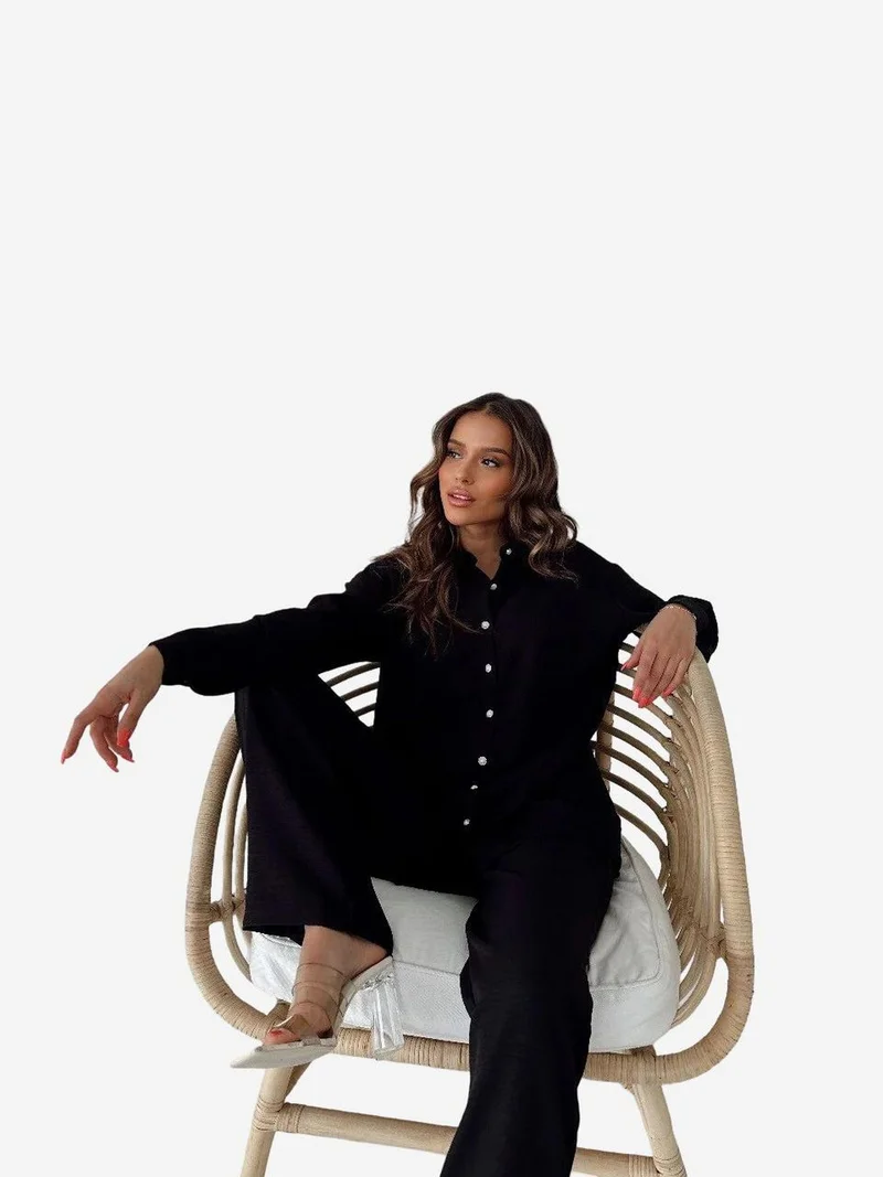My Fashion Black MY FASHION Long Sleeve Button-Up Shirt with Shirt Collar for Women | Best Price UAE