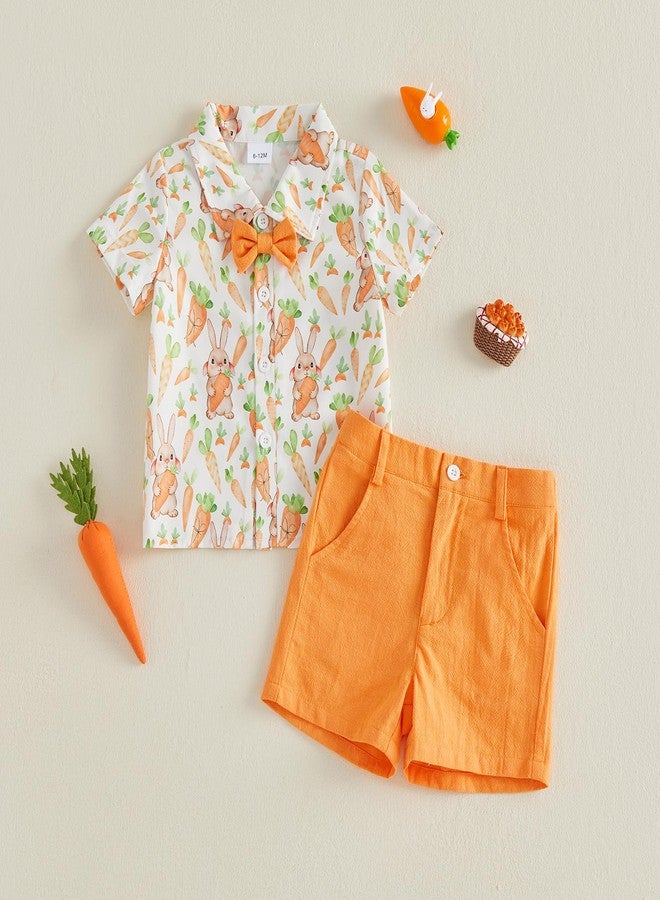 Kutterild Toddler Baby Boy Easter Outfit Bunny Print Short Sleeve Bowtie Shirt and Shorts 2Pcs Summer Clothes Set (Orange, 3-4T) - Image 2