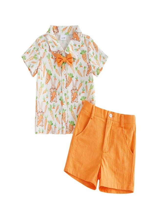 Kutterild Toddler Baby Boy Easter Outfit Bunny Print Short Sleeve Bowtie Shirt and Shorts 2Pcs Summer Clothes Set (Orange, 3-4T) - Image 1