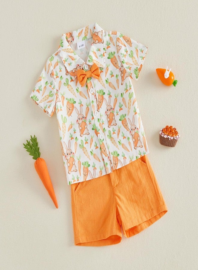 Kutterild Toddler Baby Boy Easter Outfit Bunny Print Short Sleeve Bowtie Shirt and Shorts 2Pcs Summer Clothes Set (Orange, 3-4T) - Image 3