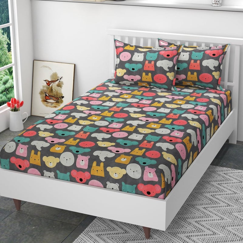 Prince Handloom 200 TC 100 Polycotton Cartoon Printed Supersoft Bedsheet Kids Room Elastic Fitted Single Bed with 2 Pillow Covers SoftBreathable Wrinkel Free 48x72 Inches Grey  - Image 1