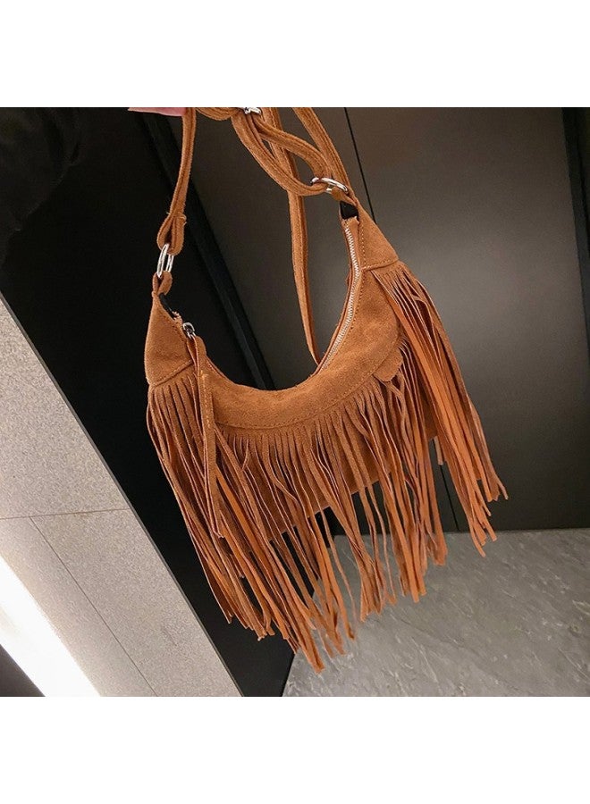 High-looking Bag For Women 2023 Korean Style Retro Fashion Shoulder Messenger Bag Internet Celebrity Textured Portable Tassel Bag-Color:Brown - Image 2