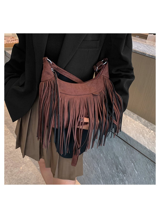 High-looking Bag For Women 2023 Korean Style Retro Fashion Shoulder Messenger Bag Internet Celebrity Textured Portable Tassel Bag-Color:Brown - Image 1