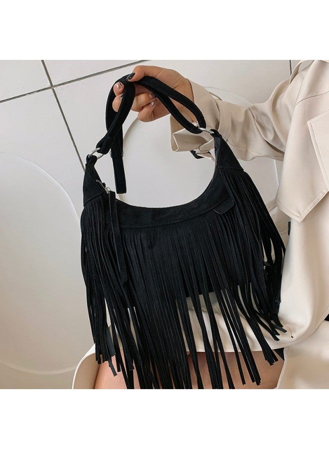 High-looking Bag For Women 2023 Korean Style Retro Fashion Shoulder Messenger Bag Internet Celebrity Textured Portable Tassel Bag-Color:Brown - Image 4