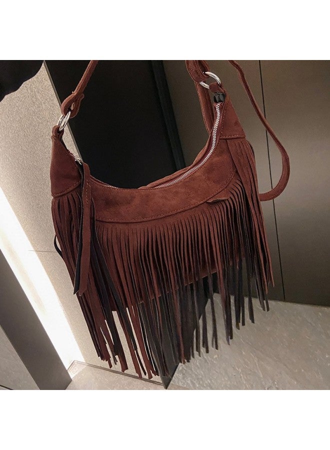 High-looking Bag For Women 2023 Korean Style Retro Fashion Shoulder Messenger Bag Internet Celebrity Textured Portable Tassel Bag-Color:Brown - Image 3