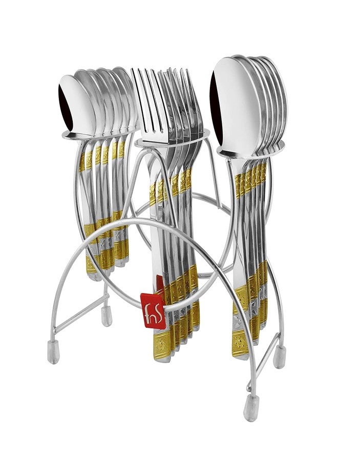 FNS Tiffiny 24 Karat Gold Plated Cutlery Set with Stand - 18 Pcs (6 Dinner Spoon, 6 Dinner Forks & 6 Teaspoon) - Image 2