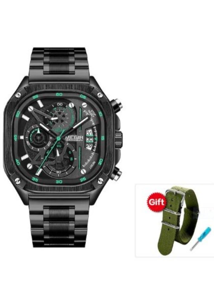 ميجر ساعة كوارتز MEGIR للرجال بمينا مربع مقاوم للماء وحزام من الفولاذ المقاوم للصدأ وأيدي مضيئة وتاريخ تلقائي - Image 1