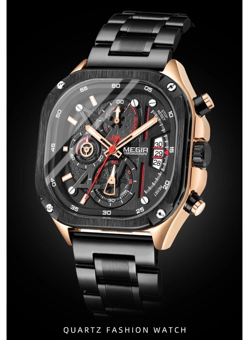 ميجر ساعة كوارتز MEGIR للرجال بمينا مربع مقاوم للماء وحزام من الفولاذ المقاوم للصدأ وأيدي مضيئة وتاريخ تلقائي - Image 2