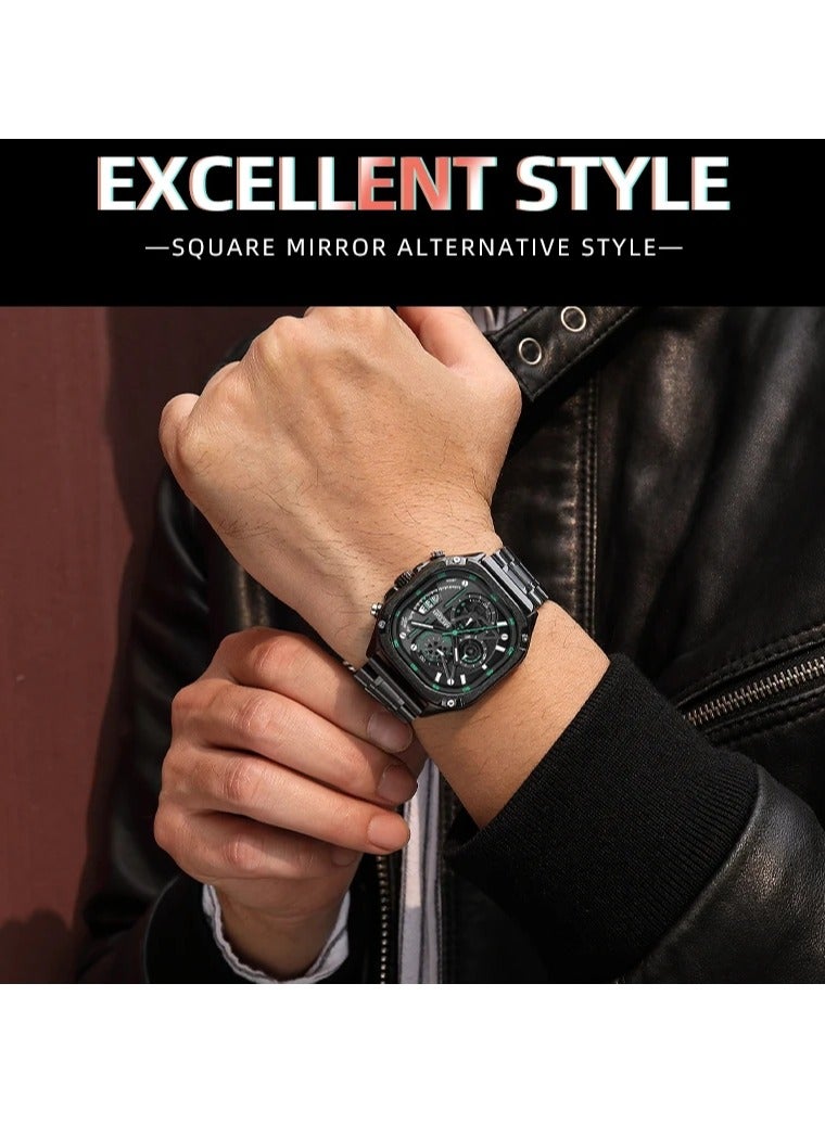 ميجر ساعة كوارتز MEGIR للرجال بمينا مربع مقاوم للماء وحزام من الفولاذ المقاوم للصدأ وأيدي مضيئة وتاريخ تلقائي - Image 3