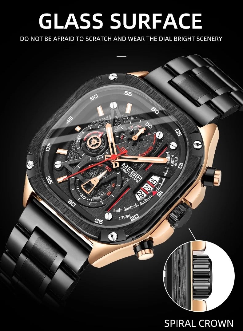 ميجر ساعة كوارتز MEGIR للرجال بمينا مربع مقاوم للماء وحزام من الفولاذ المقاوم للصدأ وأيدي مضيئة وتاريخ تلقائي - Image 4
