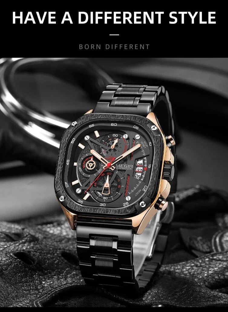 ميجر ساعة كوارتز MEGIR للرجال بمينا مربع مقاوم للماء وحزام من الفولاذ المقاوم للصدأ وأيدي مضيئة وتاريخ تلقائي - Image 5